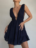 Purpdrank  Women Black Solid Sleeveless Elegant Deep V-Neck Backless Flowy Dress Formal Prom Gowns Party Dress Robe