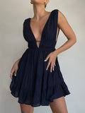 Purpdrank  Women Black Solid Sleeveless Elegant Deep V-Neck Backless Flowy Dress Formal Prom Gowns Party Dress Robe