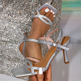 Purpdrank  Summer 8CM Gladiator Sandals Women Square Toe Silver Crystal Rhinestone High Heels Wedding Party Shoes Sandalias De Mujer