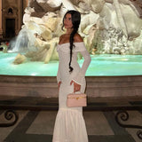Purpdrank  Off The Shoulder White Knitted Pleated Long Sleeve Fishtail Maxi Dress Elegant Party Dresses Woman Fall Clothes