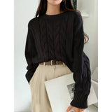 Purpdrank  Women Fall Winter Twist Knit Top Pullover Sweater Loose Round Neck Solid Color Versatile Fashionable Comfortable Petite
