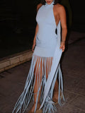 Purpdrank  Women High Waist Sleeveless Halter Dress Sexy Hot Girl Backless Pleated Evening Party Dress Solid Color Hollow Tassel Hem Dress