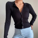 Purpdrank  CHIC Retro Knitting Single Breasted Button Lapel Cardigan Sweater Woman Stripe line Long Sleeve Jumper Knitted Knitwear
