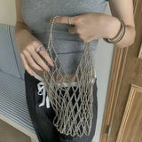 Purpdrank  New Bead Shoulder Bag Hollow Out Large Capacity Cosmetic Bag Handmade Lunch Bag Girl