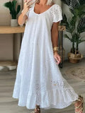 Purpdrank  Women's Casual White Swing Party Dresses YK2 Ladies Elegant O-neck Hollow Long Dress Vestidos Summer Loose Short Sleeve Dress