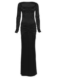 Purpdrank  Women's Elegant Champagne Square Neck Long Sleeve Maxi Dress New Stylish Ruched Slim Bodycon Dress for Eveing Party Gown