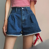 Purpdrank  Spring Summer Lace Patchwork Women's Denim Short Pants 2025 High Waist Casual Loose Jeans Wide Leg Shorts for Women