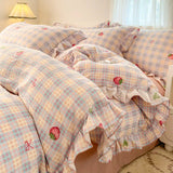 Purpdrank  Pink Tulip Duvet Cover Set Ins Korean Style with Flat Sheet Pillowcase No filler Washed Cotton Queen Full Twin Home Bed Linen