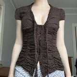 Purpdrank  American Retro Women T Shirts Brown Polka Dot Button Lace Up Slim Fit T-shirt Casual Street Short Sleeved Harajuku Tee