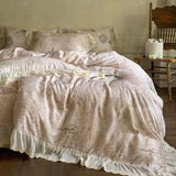 Purpdrank  Rose Flowers Print Lace Ruffles Bedding Set Lyocell Soft Silky Cool Feeling Duvet Cover Flat/Fitted Bed Sheet Pillowcase 4Pcs