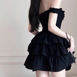Purpdrank  Gothic Black Sexy Slip Dress Y2K Harajuku Streetwear Punk Lace Up Cake Dress Female Summer Korean Fashion Party Ruffles Dresses