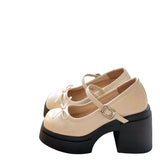 Purpdrank  Brown Thick Heel Bow Tie Women's Shoes New Style Autumn Heightening British Style Single Shoes Thick Bottom High Heels