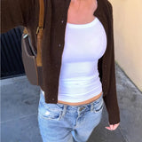 Purpdrank  Button Round Neck Woolen Cardigan Autumn Women's Lazy Casual Versatile Slim Short Coat Simple Solid Color Soft Long-sleeved Coat
