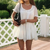 Purpdrank  Casual Loose White Mini Dress Women Summer Short Sleeve O-neck Lace Short Dresses Elegant