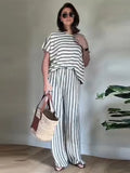 Purpdrank  Loose Striped Set 2 Piece Woman Loose Round Neck Short Batwing Sleeve Pullover High Waist Long Trousers Casual Lady Suit Summer