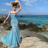 Purpdrank  Nile Garden Beach Vacation Lace Strap Dress for Women Summer Waist Slimming Bodycon Long Dress