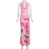 Purpdrank  Sexy Halter Three Piece Women Summer Dress Sets 2025 Fashion Swinging Collar Backless Cropped Top and Print Floral Long Skirts