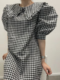 Purpdrank  Chic Spring Sweet Young Looking Wood ain  Doll Collar Loose Bubble Sve Plaid Dr Women's Faion Casual Skirts