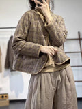 Purpdrank - Jacket Women's Fall Winter 2023 Vintage Literary Plaid Loose Casual Linen Clip Cotton Baseball Uniform Women's Coat New Style