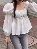 Purpdrank  Chic Autumn New Sle Women's irt Sweet Personali Square Collar Pleated Design Slimming Long Sve with Lace Hem