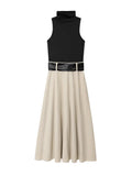 Purpdrank  European style new women's fashion all-match temperament splicing with belt stand collar sleeveless midi dress