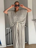 Purpdrank  Loose Striped Set 2 Piece Woman Loose Round Neck Short Batwing Sleeve Pullover High Waist Long Trousers Casual Lady Suit Summer