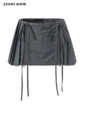 Purpdrank  Summer Y2K Style Cool Girl Asymmetrical Pleated Mini Skirts With Shorts Underwear Lining Front Bow Double Zipper Skirts