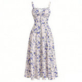 Purpdrank  Women's Floral Print Spaghetti Strap Maxi Dress Slim Fit Tie Front Ruched Vintage Boho Dresses Holiday Vacation Summer Sundress