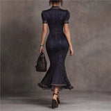 Purpdrank  Women's Striped Mermaid Maxi Dress Lapel Collar Short Sleeve Button Slim Fit High Waist Ruffle Elegant Office Party Long Dresses