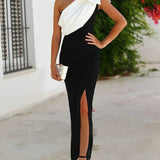 Purpdrank  Summer Women Fashion Commuting Dresses Sexy One Shoulder Clashing Color Long Dress Elegant Hight Waist Slim Fit Party Dress