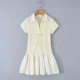 Purpdrank  CHIC Beige Polo Collar Bow Lapel V Waffle Knitted Short Sleeve Dress Women Slim Waist Spliced BUD Swing Short Dresses Robe