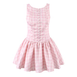 Purpdrank  Sexy Pink Gingham Plaid Low Waist Mini Tank Dress Women Open Buttons Neck Backless Ruched Hem Swing Sleeveless Dresses Vestidos