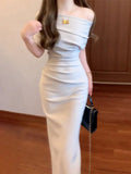 Purpdrank  French Slanted Shoulder, Off-shoulder, Swung Collar, Mid-length, Irregular Waist, Hip-hugging Pleated Dress, New Summer Style