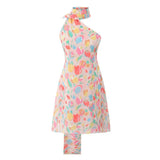 Purpdrank  Sexy Halter Collar Pink Gradient Tie dye print Cross lacing up Bow Backless Sling Dress Women Irregular Mini Dresses Robe