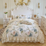 Purpdrank  Korean Princess Style 100% Cotton Bedding Set French Flowers Print Lace Ruffles Duvet Cover Bed Skirt Bedspread Pillowcases 4Pcs