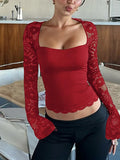 Purpdrank  Black T-Shirt Women Fashion Square Collar Patchwork Lace Tops Floral Print Long Sleeve Sexy Crop T-Shirt Summer New