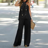 Purpdrank  Simple Cotton Linen Women's Suits Summer Fashion Sleeveless Halter Loose Blouse Wide Leg Pant Two Piece Set Womens Matching Sets