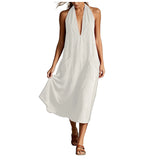 Purpdrank  Women's Halter Neck Deep V Maxi Dress Sleeveless Loose Flowy Long Dress With Pockets Casual Beach Cover Up Dress For Vacation
