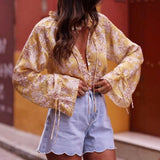 Purpdrank  Chic Yellow Floral Printed Blouses Shirts for Women Tops Casual Lace-up Flare Long Sleeves Blouse Summer Boho Beach Loose Blusas