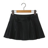 Purpdrank  Y2K American Retro Women Gray Solid Color Bow Belt Ruched Pleated Mini Skirt Side Zipper A-line Short Saia Skirt Cool Girl