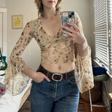 Purpdrank  French Style Y2k Vintage Summer V Neck Three Quarter Sleeve Flower Print Slim Women Blouse