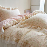 Purpdrank  Korean Princess Style Lace Ruffles Floral Bedding Set 100% Cotton Duvet Cover Bed Sheet/Fitted Sheet/Bed Skirt Pillowcases 3/4Pc