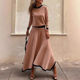 Purpdrank  Women Casual Long Sleeve 2Pc Set Fashion Color Blocked Loose 2Pc Outfits Elegant O-neck Pullover Top & lrregular Long Skirt Suit