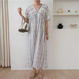 Purpdrank  Vintage Floral Printed Women's Dresses V-Neck Short Sleeve Bohemian Straight Loose Dress Female