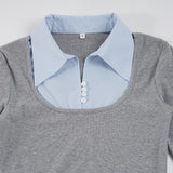 Purpdrank  Korean Preppy Style Grey Dress Women's Patchwork Lapel Collar Button Long Sleeve Slim Fake Two-Piece Pleated Mini Dress