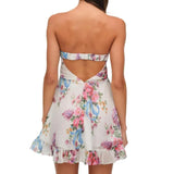 Purpdrank  Ruched Chest Floral Print Strapless Mini Chiffon Dress Women Ruffles Hem Elastic Bandage Backless Holiday Dresses Robe