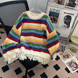 Purpdrank  Chic Rainbow Stripe Colourful Tassel Sweater Outer Wear Women Autumn Winter Y2k Loose Lazy Design Knit Top Pullover Fairy Grunge