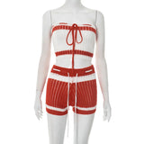 Purpdrank  Striped Sexy Drawstring Knitted Women Two Piece Sweater Short Set 2025 Summer Fashion Hollow Out Tube Top and Mini Shorts Outfit