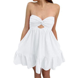 Purpdrank  Strapless Mini Dress y2k Women Solid Color Off Shoulder Sleeveless Ruffle Hem Dress with Pockets Evening Party Dresses
