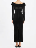 Purpdrank  Sexy Black Velvet Off-Shoulder Leopard Mesh Fur Trim Maxi Dress Women's Long Sleeve Patchwork Bodycon Evening Party Dress